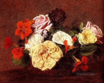 アンリ・ファンタン・ラトゥール Painting - バラとキンレンカの花束 アンリ・ファンタン・ラトゥール